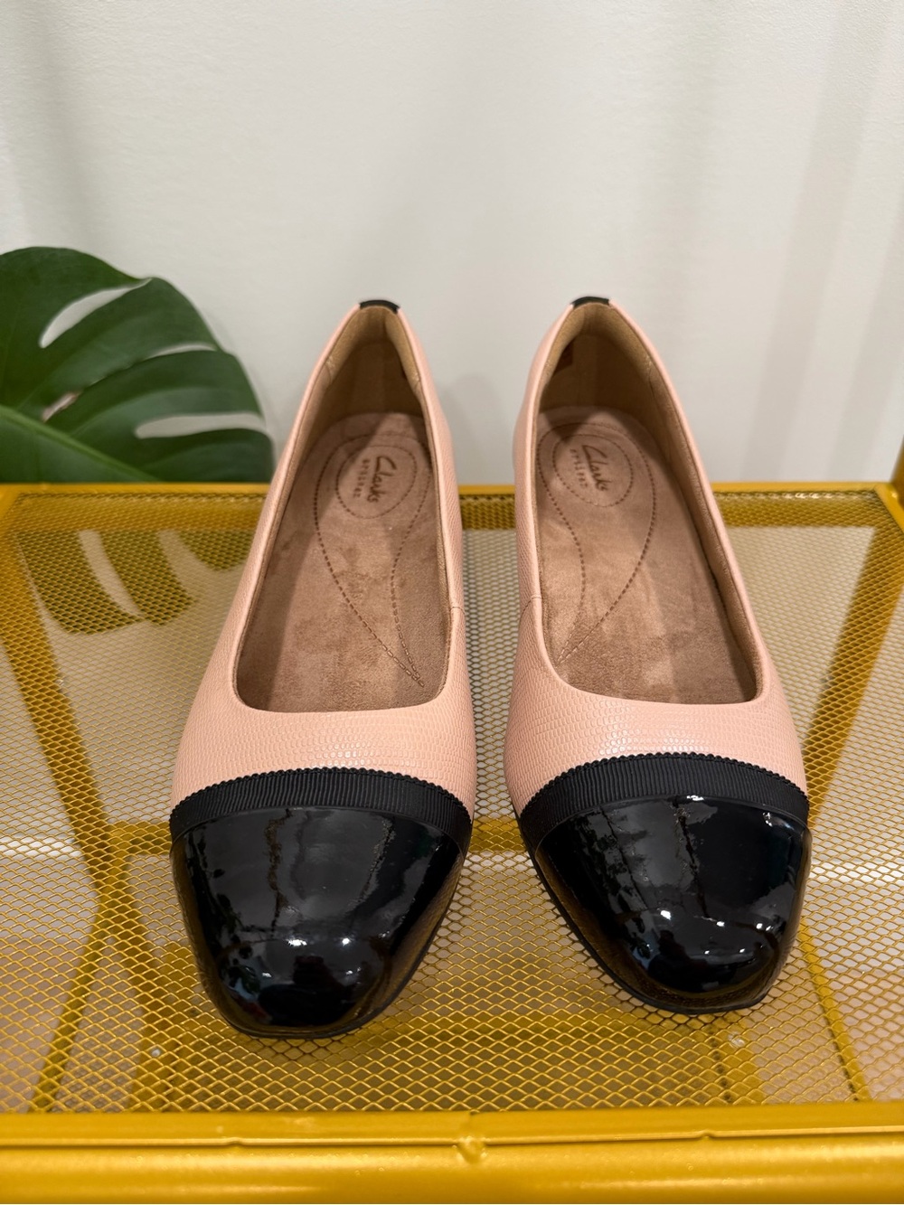 Clarks Women's Blush Pink Flats with Black Patent Cap Toe